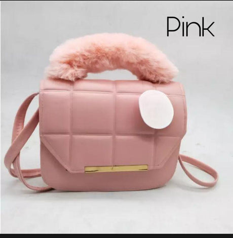 Trendy Quilted Crossbody Handbag with Faux Fur Handle