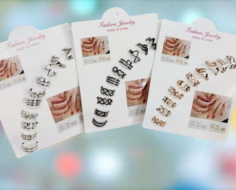 Set of 10 Stylish Adjustable Fashion Rings – Silver & Black Variants